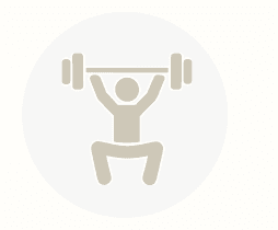 Beige graphic icon of a person performing an overhead squat with a barbell, inside a light circular frame.