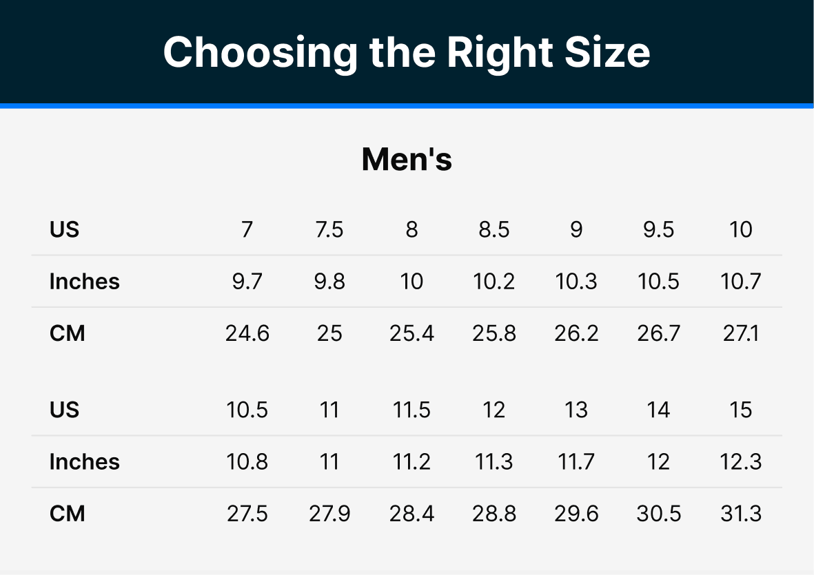 Men's shoe size chart with US sizes and the matching inches and centimeters for choosing the right size.