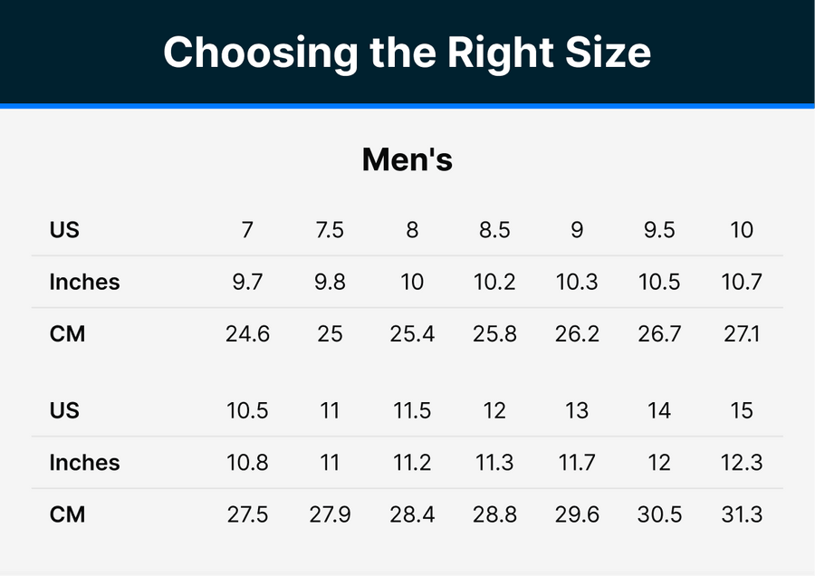 Men's shoe size chart with US sizes and the matching inches and centimeters for choosing the right size.
