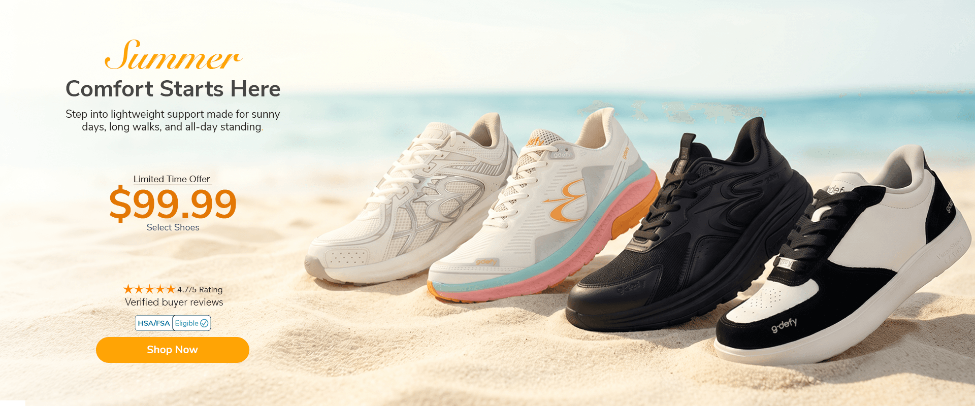 Four pairs of G-Defy summer comfort shoes on a sandy beach, including white, black, and black/white athletic styles.