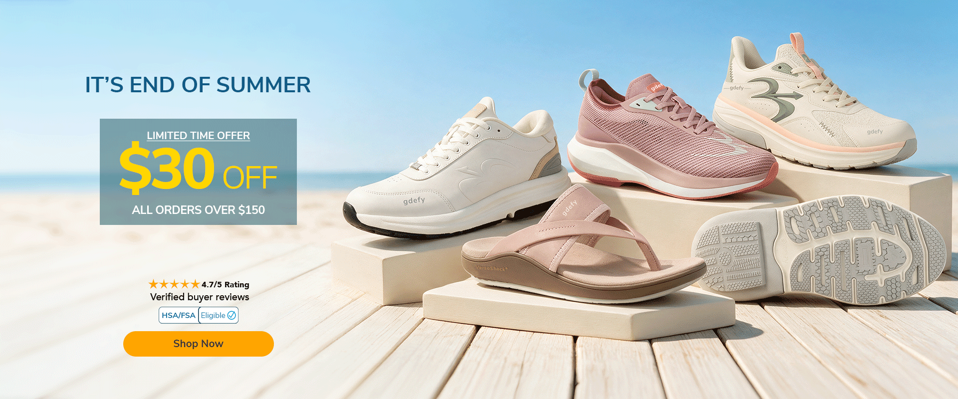 Gdefy sneakers and sandals in white, pink, and beige on a beach, promoting $30 off orders over $150.