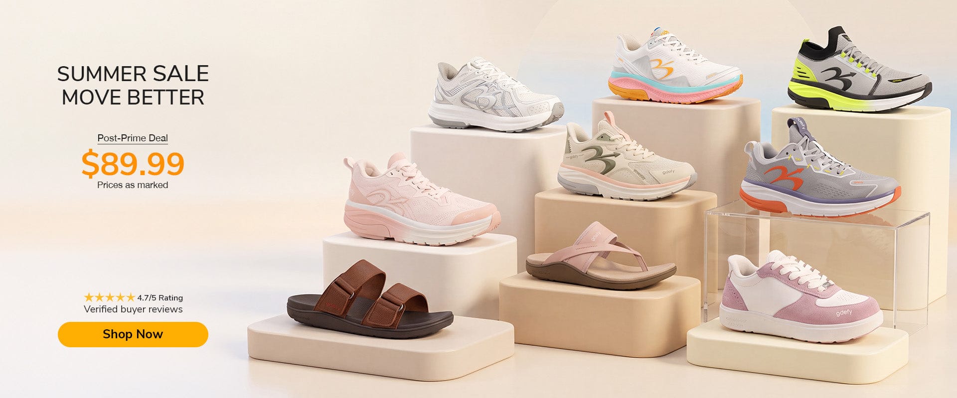 Summer Sale featuring multiple GDEFY sneakers and sandals in white, pink, grey, brown, and colorful accents, displayed on ris