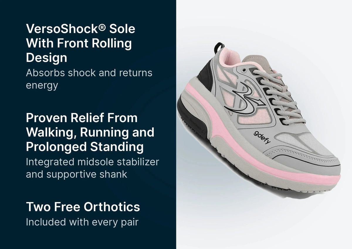 Grey and pink athletic shoe with a mesh upper, black accents, and a chunky grey and pink sole, displayed alongside product be