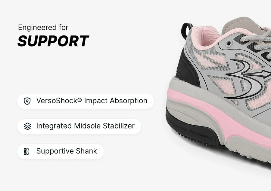 Close-up of a grey and pink athletic shoe, highlighting its mesh upper, thick sole, and supportive construction.