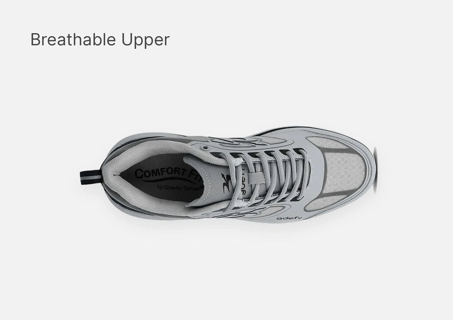Gray running shoe with a breathable mesh upper, visible laces, and "Comfort Fit" branding, viewed from above.