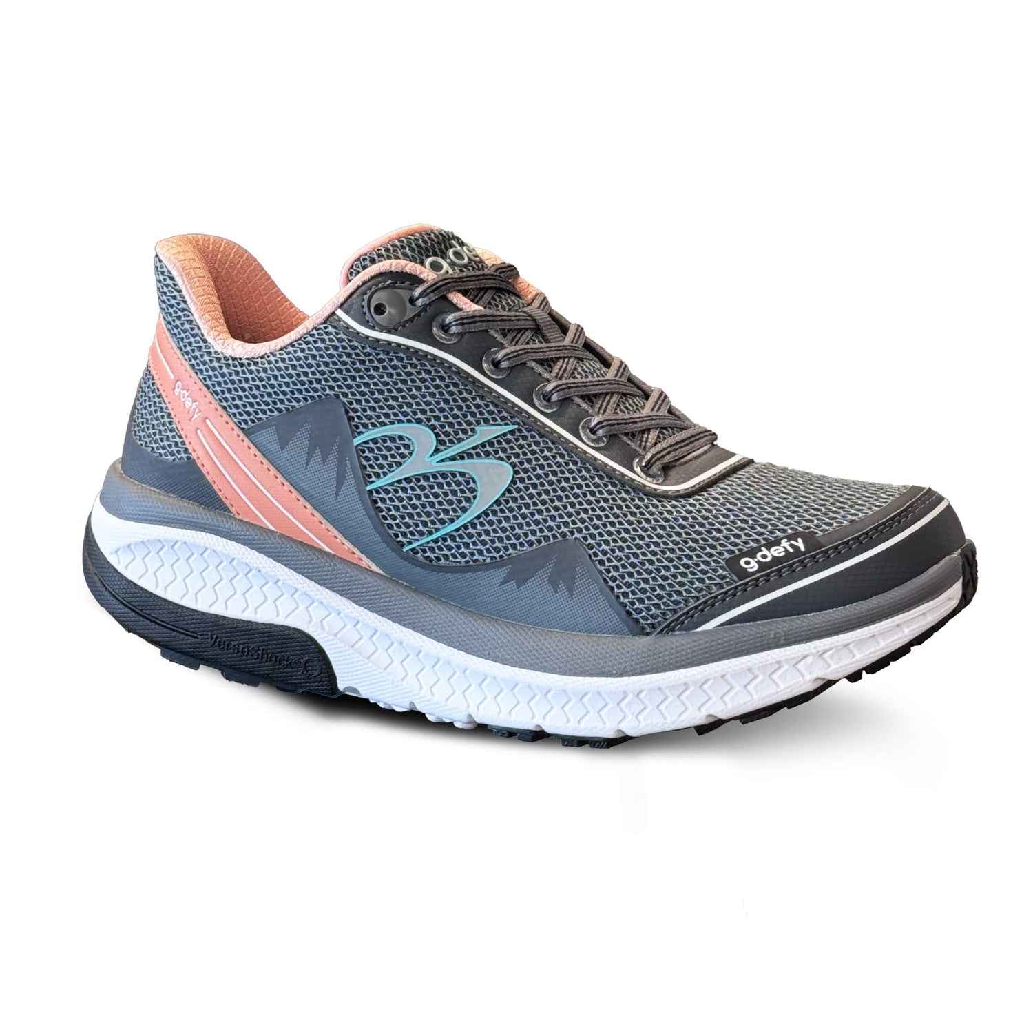 Women's running shoe with a gray mesh upper, peach accents, light blue logo, white midsole, and black outsole.