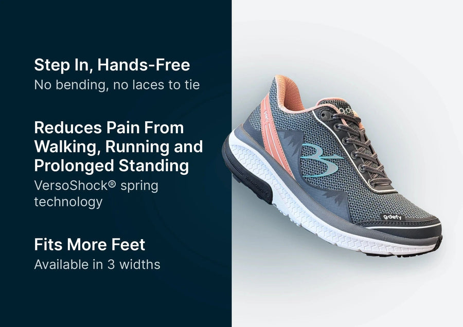 Grey and peach athletic shoe with mesh upper, white sole, and blue logo, displayed with feature text.