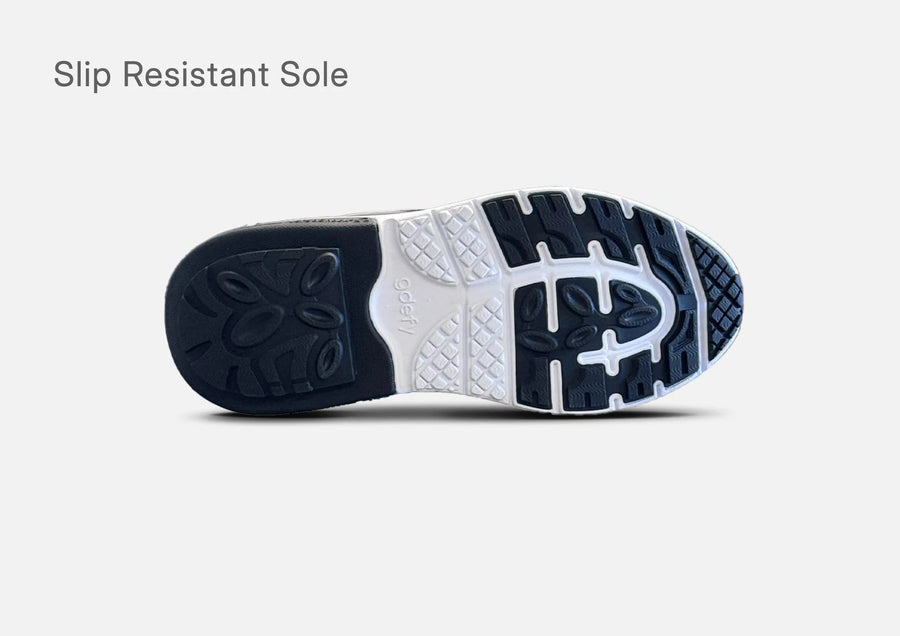 Outsole of the g-defy MightyWalk slip-on sneaker with a slip resistant tread pattern.