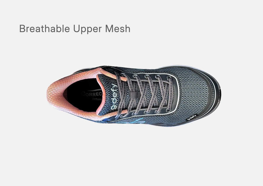 Top view of the gray and salmon g-defy MightyWalk slip-on sneaker showing its breathable upper mesh.