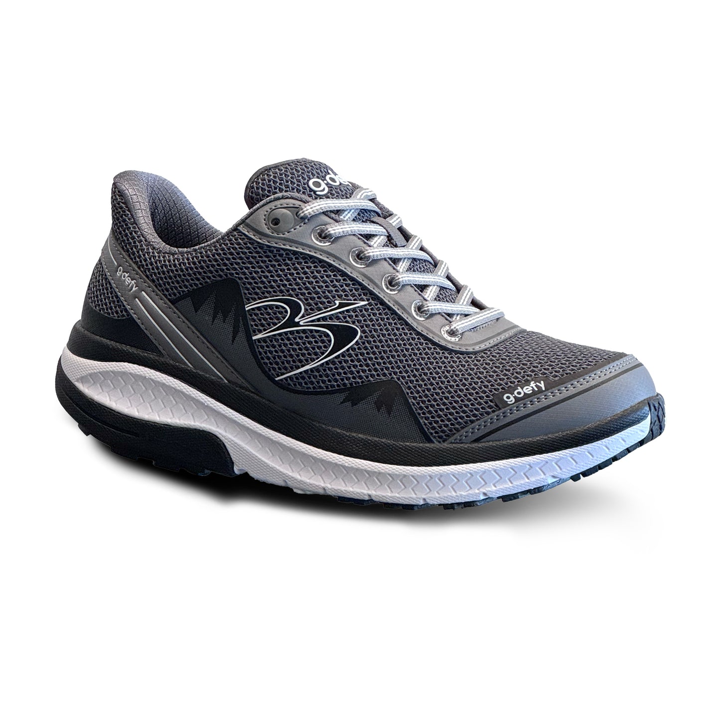 Dark gray g-defy athletic shoe with mesh upper, white textured midsole, black outsole, and light gray laces.
