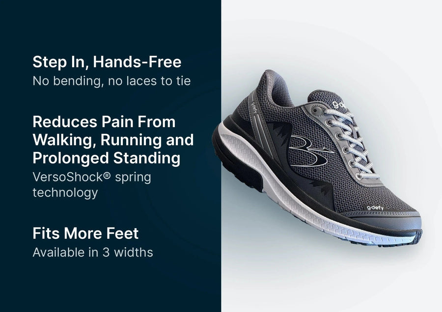 Dark grey and black g-defy athletic shoe with mesh upper, white sole, and light grey laces.