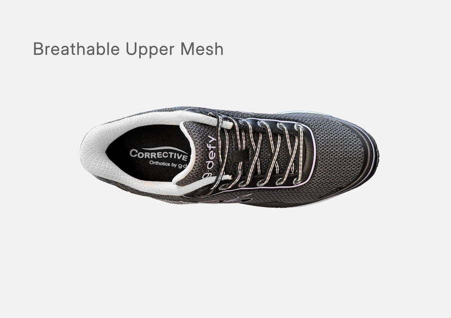 Top view of the black and purple g-defy MightyWalk slip-on sneaker showing its breathable upper mesh.