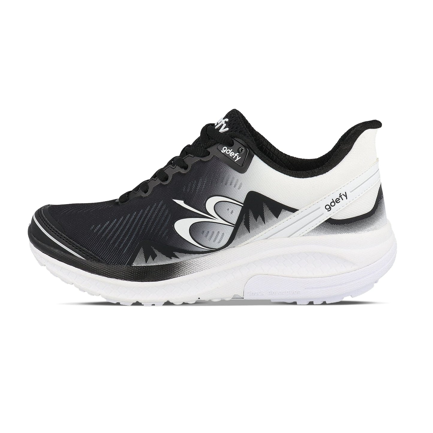 Black and white gdefy running shoe with a gradient pattern and thick white sole, shown from the side.