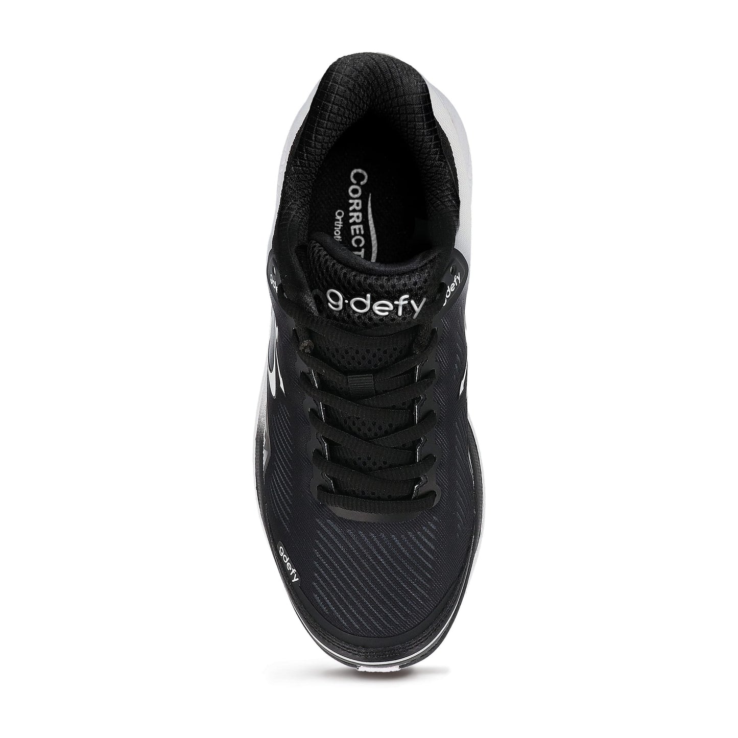 Black 9.defy athletic shoe, top-down view, with black laces, white sole trim, and Correct Orthotics insole.