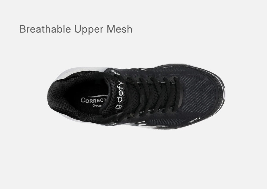 Top view of the black and white ombre g-defy MightyWalk slip-on sneaker showing its breathable upper mesh.