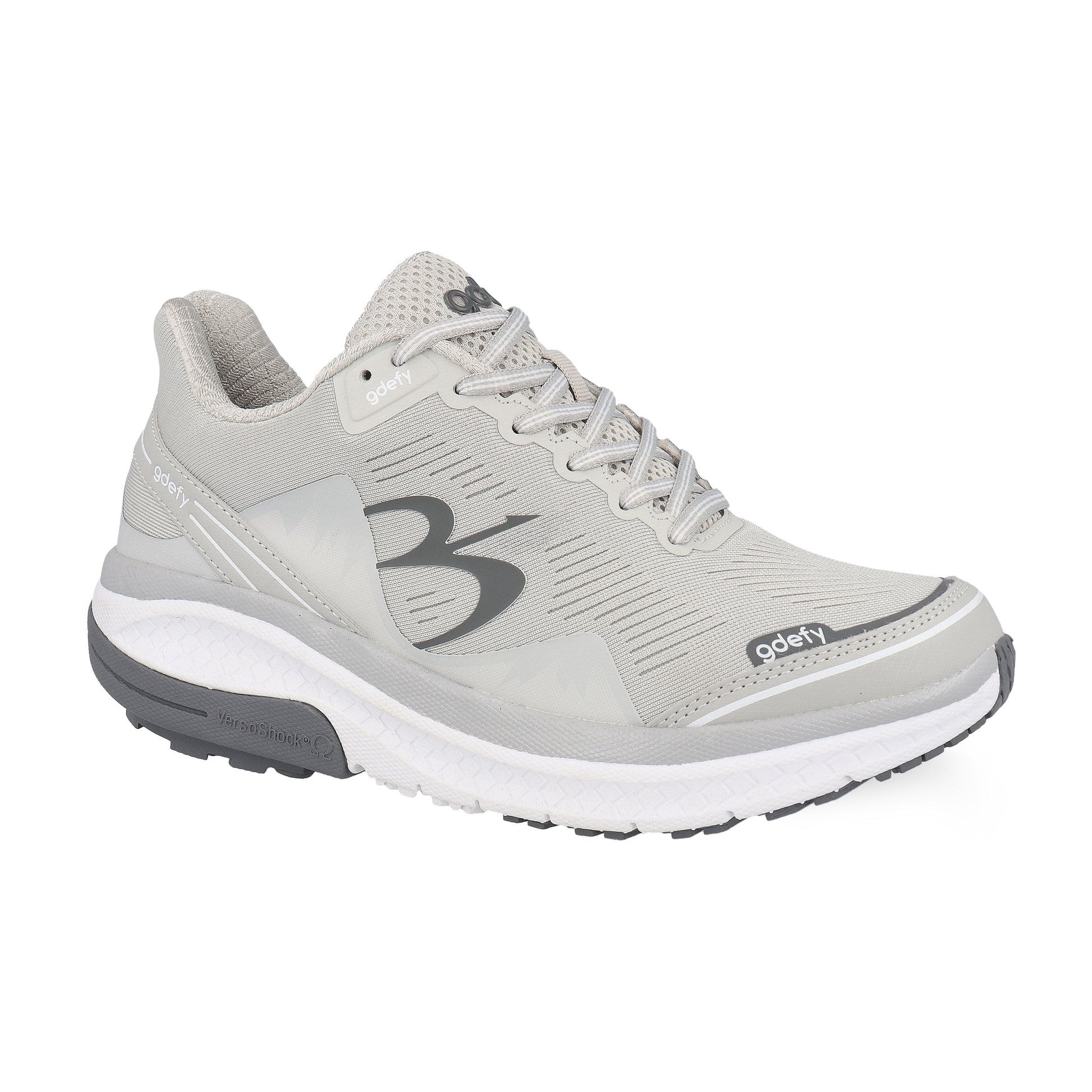 Light grey gdefy athletic shoe with a white midsole and dark grey outsole, featuring VersoShock technology.