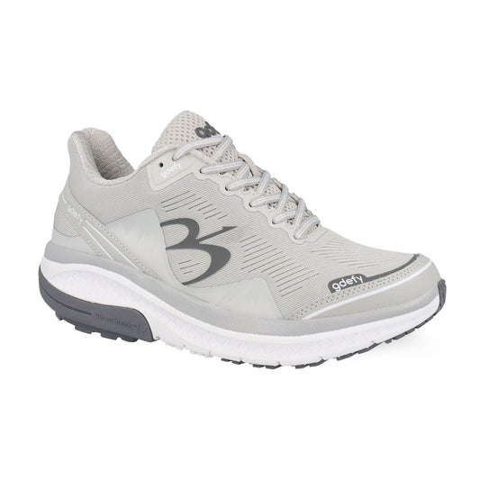 Light grey gdefy athletic shoe with a white midsole and dark grey outsole, featuring VersoShock technology.