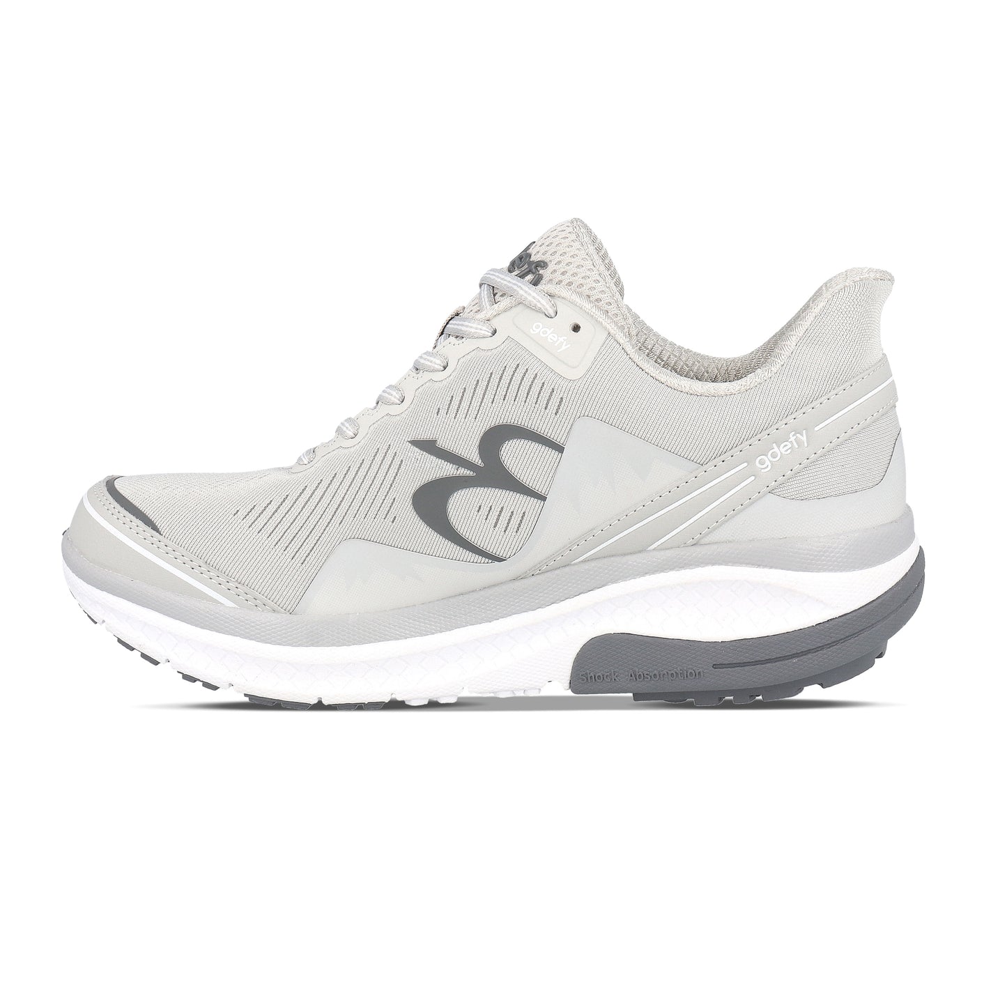 Light grey running shoe with white and dark grey sole, featuring 'gdefy' branding and 'Shock Absorption'.