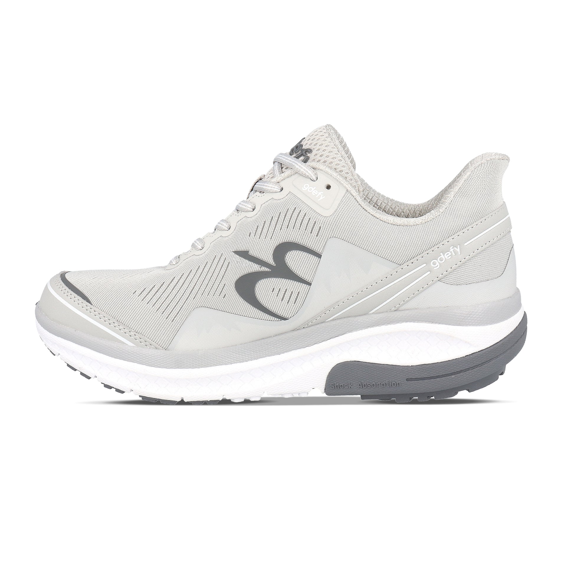 Light grey running shoe with white and dark grey sole, featuring 'gdefy' branding and 'Shock Absorption'.