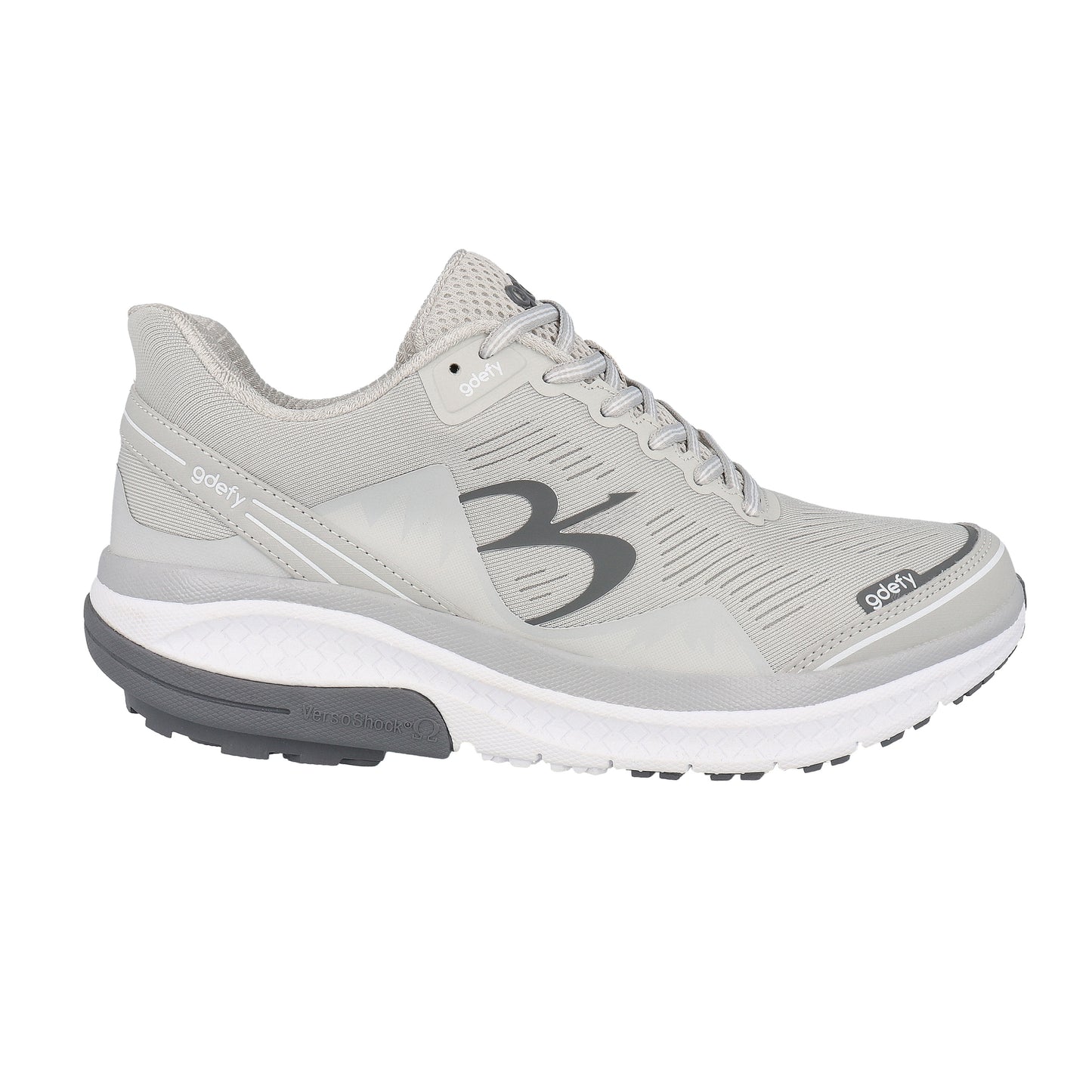Gdefy light grey mesh athletic shoe with a white midsole and dark grey VersoShock outsole, side view.