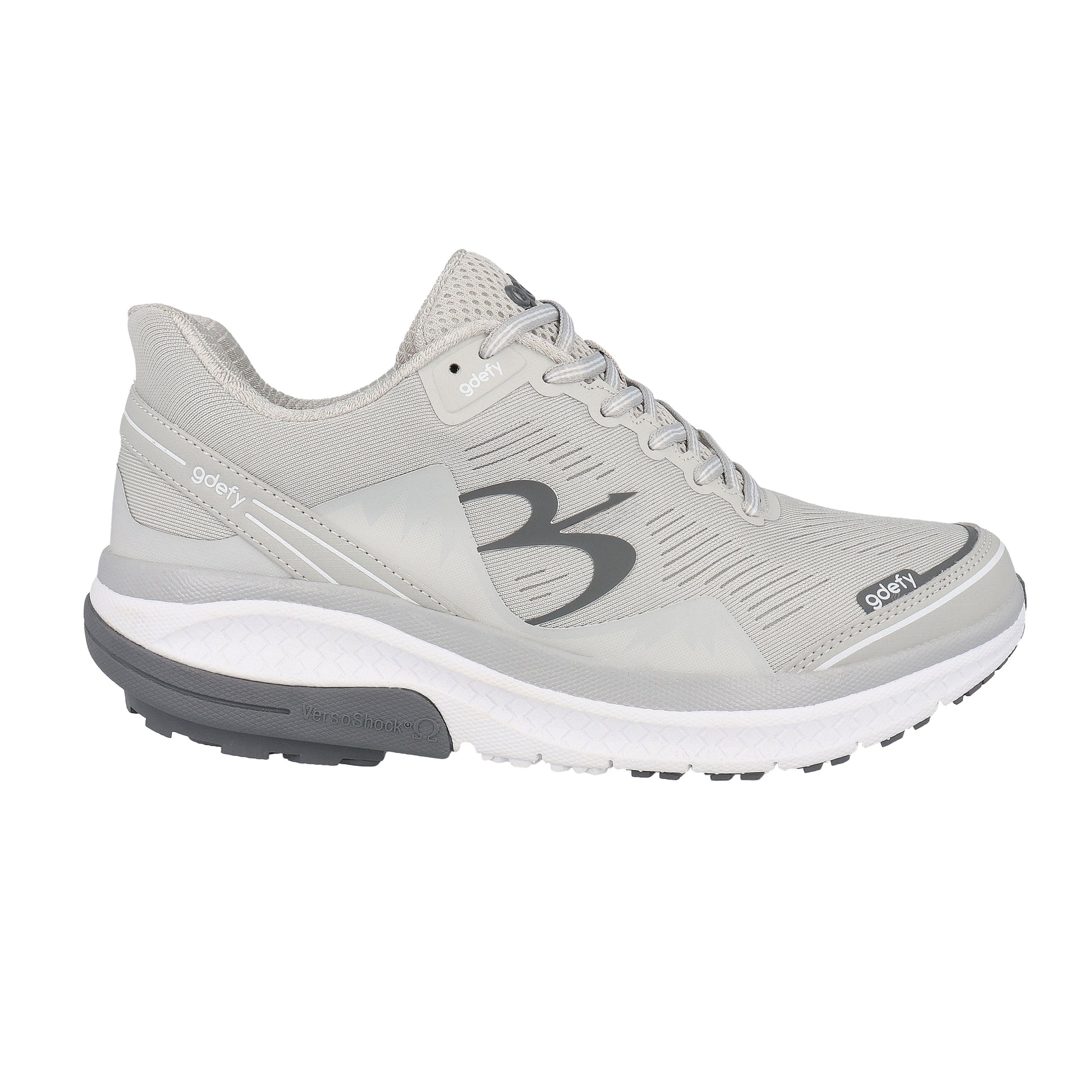 Gdefy light grey mesh athletic shoe with a white midsole and dark grey VersoShock outsole, side view.