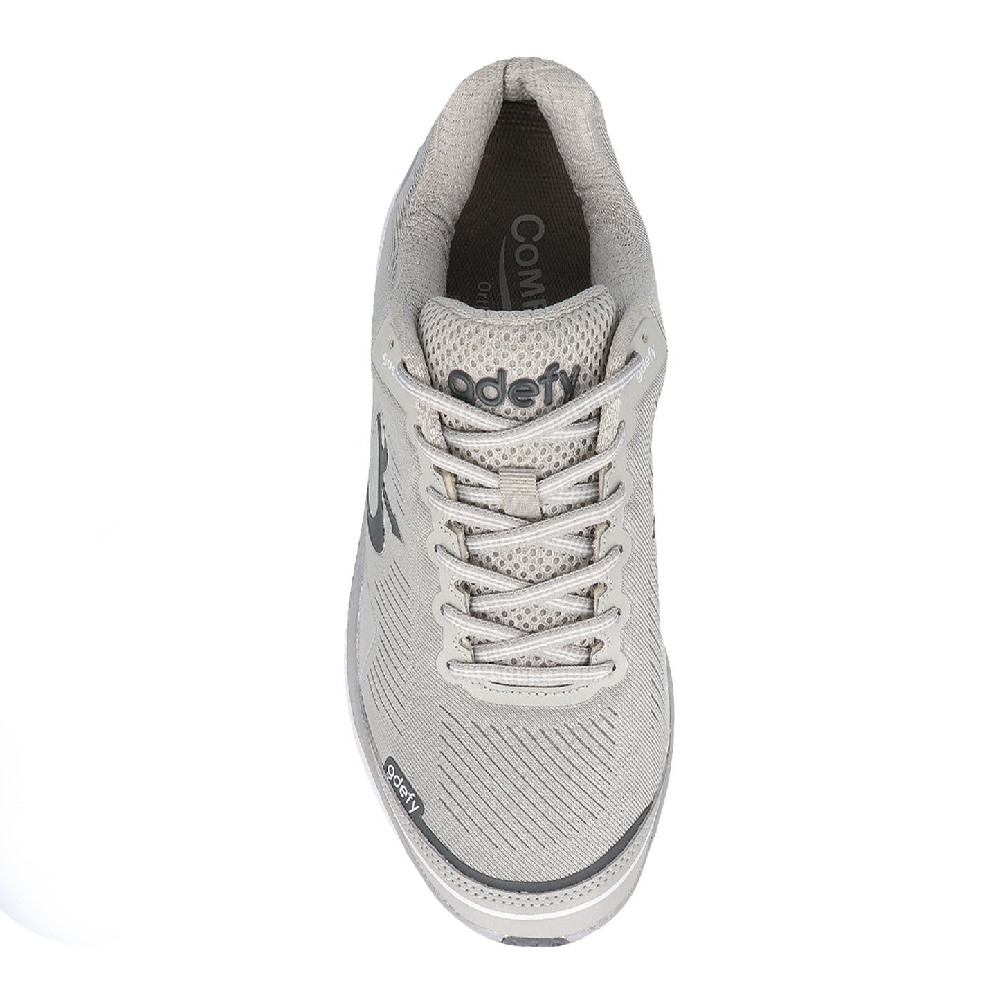 Light grey gdefy athletic shoe with a mesh upper, white laces, and textured fabric, shown from a top-down view.