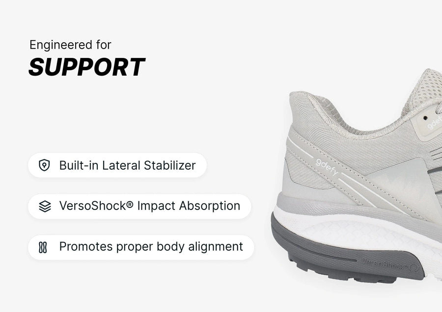 Light grey gdefy athletic shoe, side view, engineered for support with a built-in lateral stabilizer and VersoShock sole.