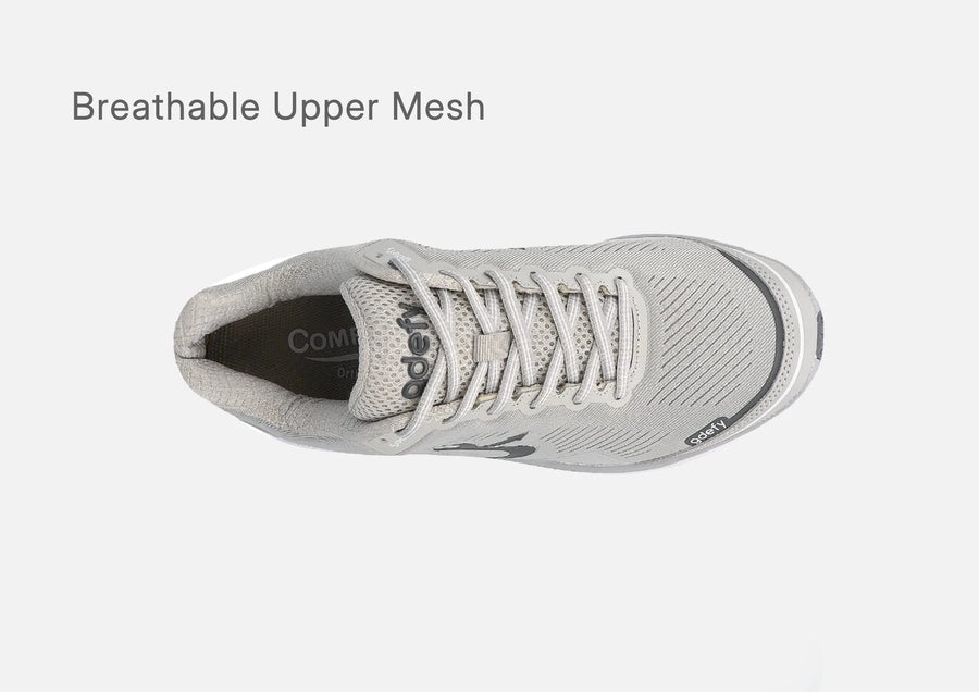 Top view of the light gray g-defy MightyWalk slip-on sneaker showing its breathable upper mesh.