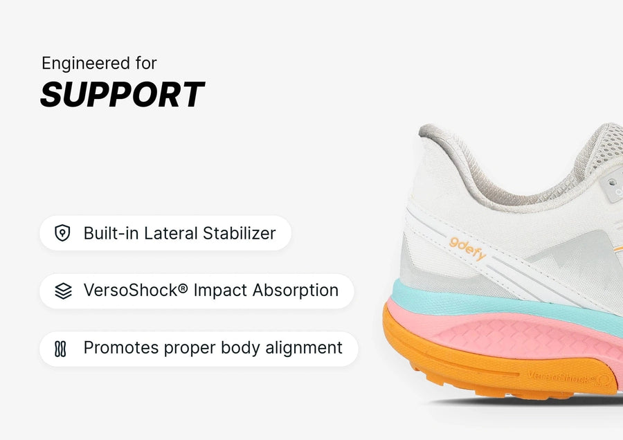 White gdefy running shoe with a multi-colored VersoShock sole, highlighting support features like lateral stabilization.