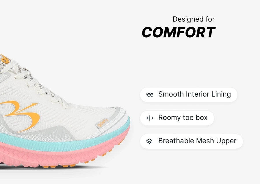 White running shoe with breathable mesh upper, multi-colored pink and light blue sole, designed for comfort and a roomy toe b