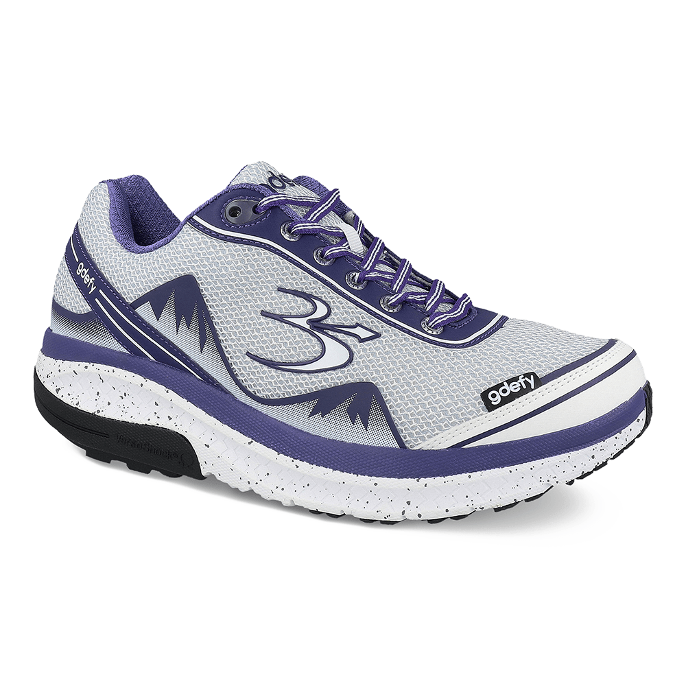 Women's gdefy running shoe in light gray mesh with purple accents, white speckled midsole, and black outsole.