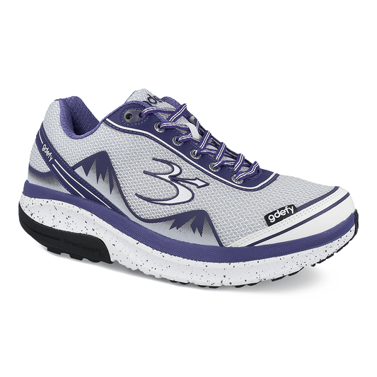 Women's gdefy running shoe in light gray mesh with purple accents, white speckled midsole, and black outsole.
