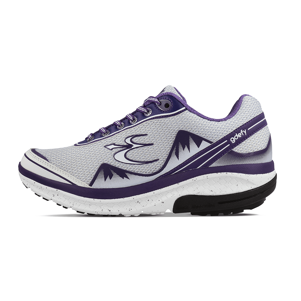 gdefy women's running shoe, light grey mesh with purple mountain-like accents, white speckled midsole, black outsole.