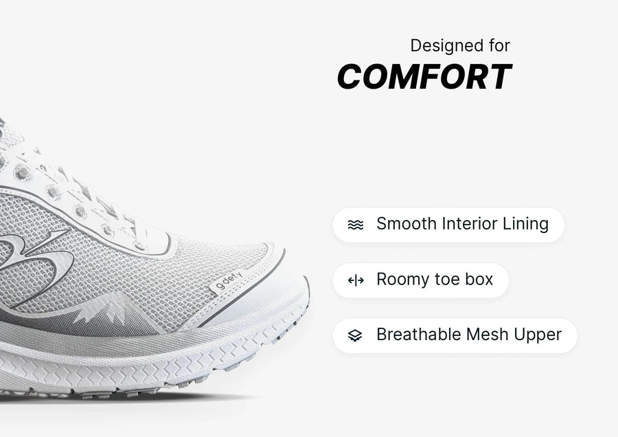 White athletic shoe with breathable mesh upper, smooth interior lining, and roomy toe box for comfort.