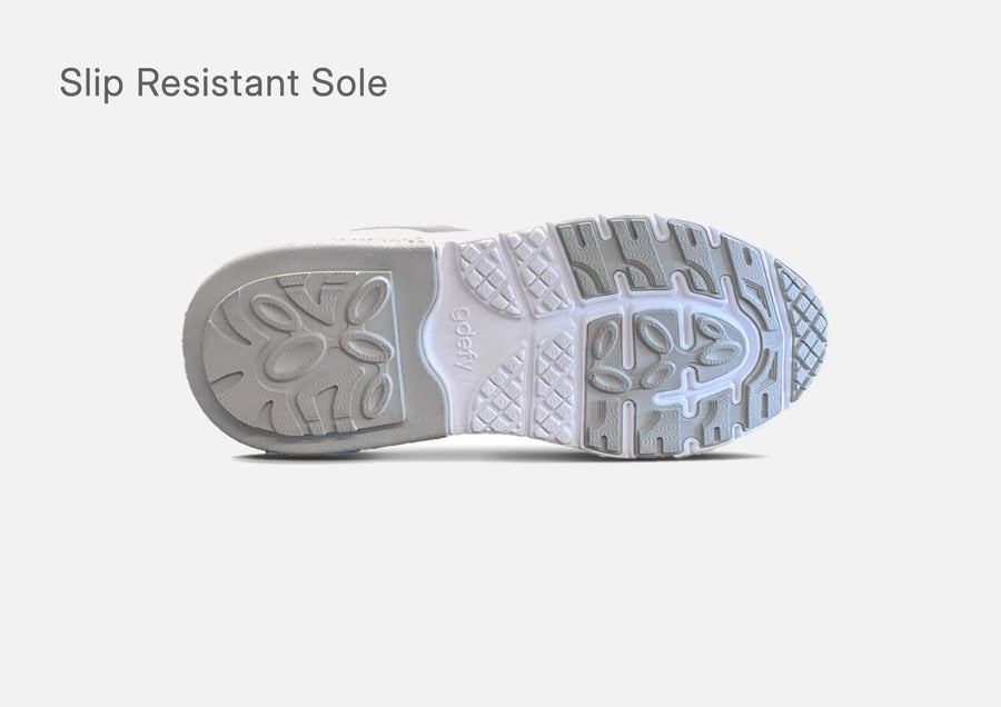 Outsole of the g-defy MightyWalk slip-on sneaker with a slip resistant tread pattern.