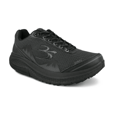 Black mesh athletic sneaker with lace-up design and thick cushioned sole shown at angle on white background