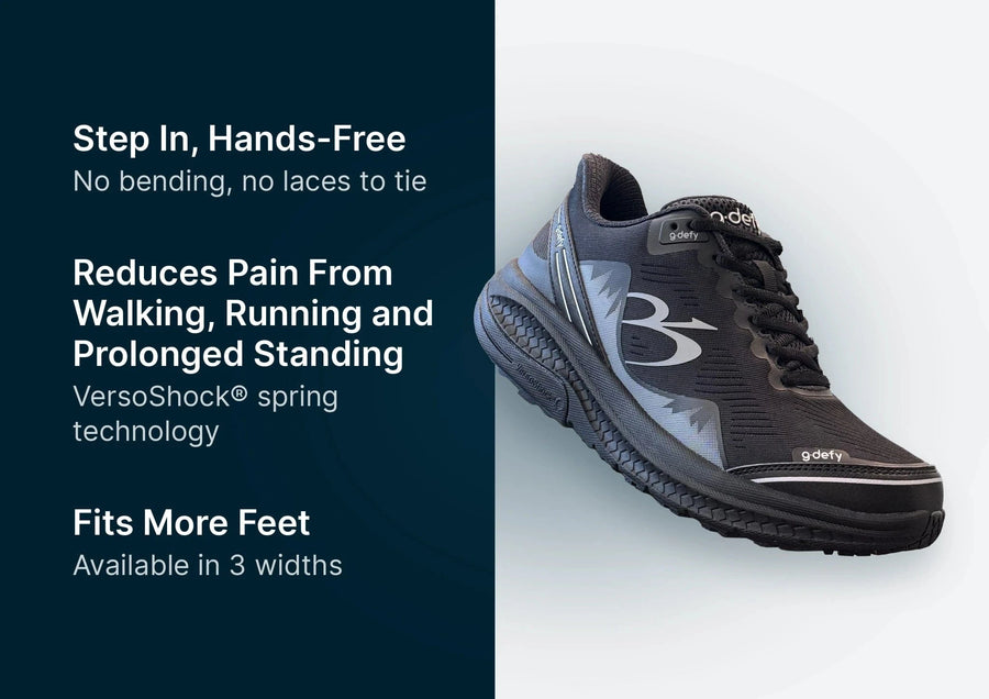 Black g-defy athletic shoe with grey accents and a textured sole, shown with product features on a split background.