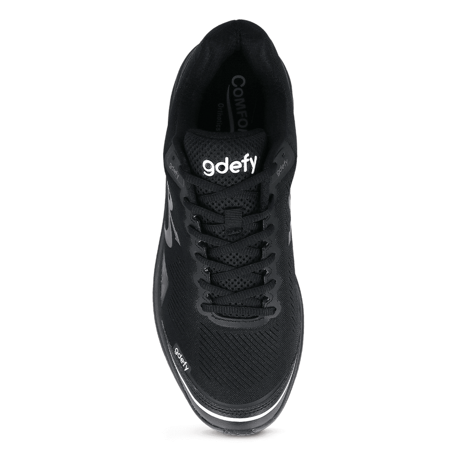 Black gdefy running shoe, top-down view, with black laces and white branding on the tongue and side.