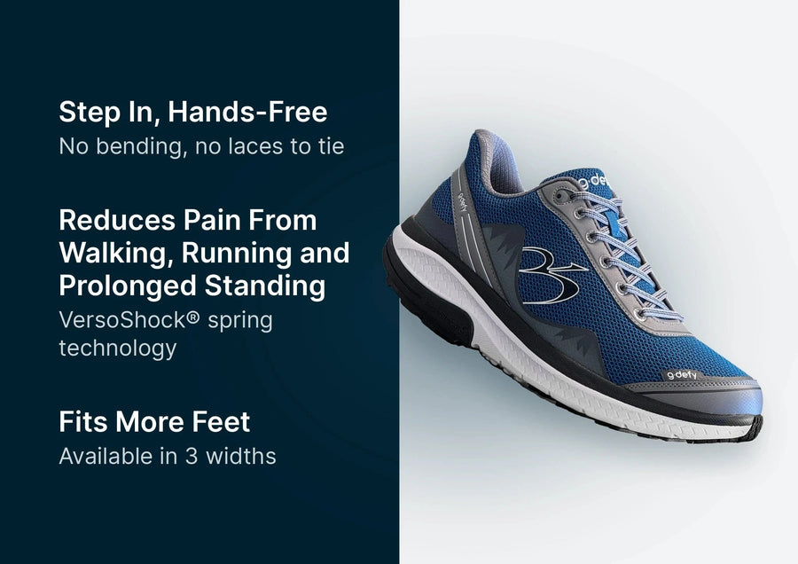 Blue and gray G-Defy athletic shoe with VersoShock spring technology, shown at an angle with product benefits listed.