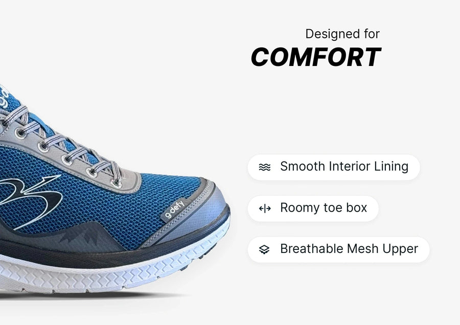 Blue athletic shoe with breathable mesh upper, roomy toe box, and smooth interior lining for comfort.