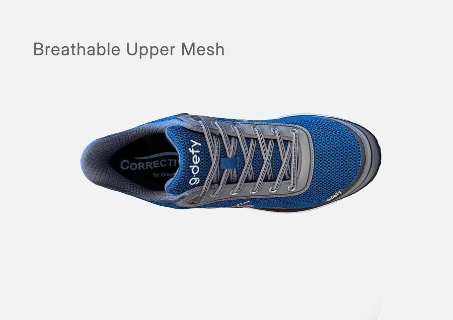 Top view of the navy and gray g-defy MightyWalk men's slip-on sneaker showing its breathable upper mesh.