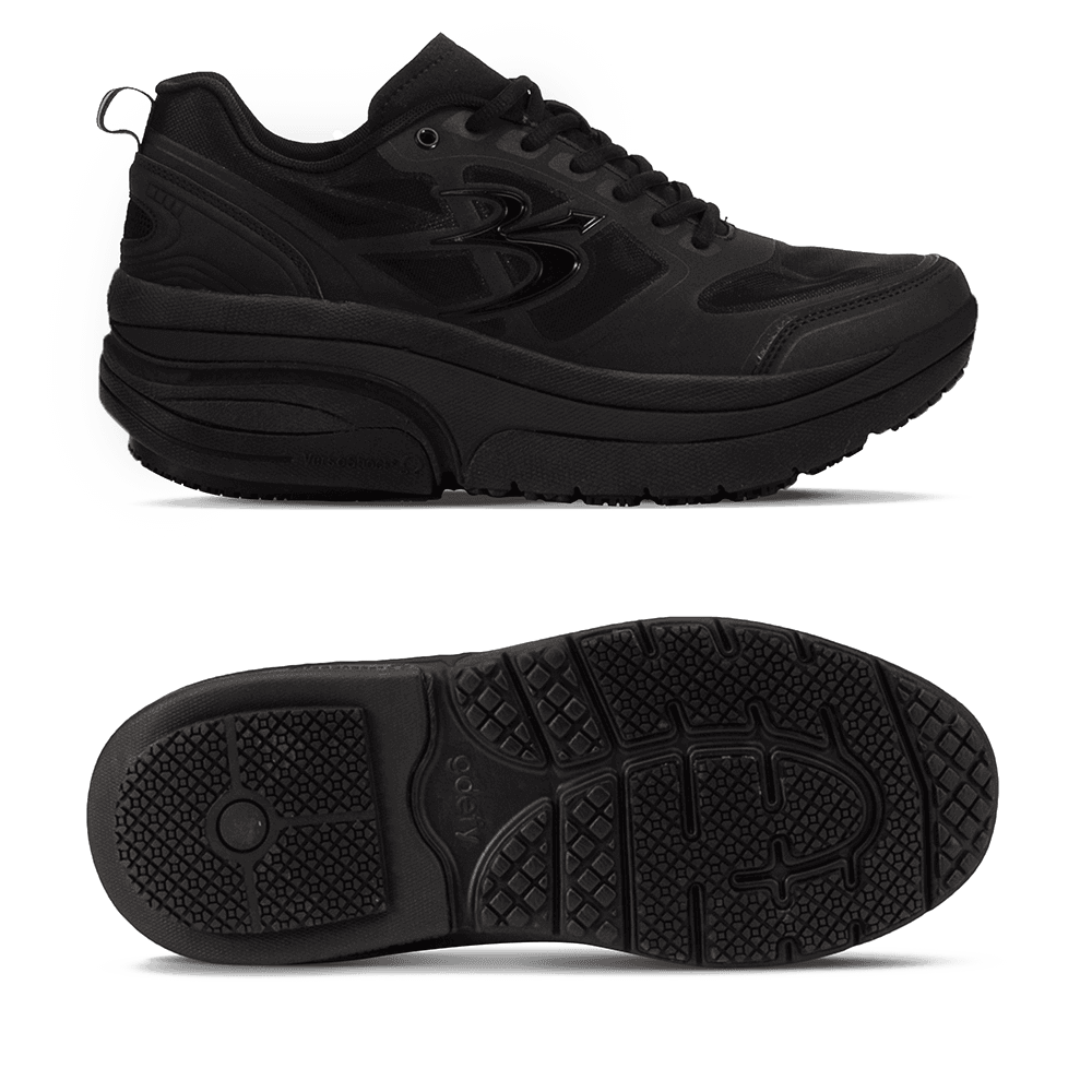Black athletic shoe with a thick midsole and a durable, textured outsole for enhanced grip.