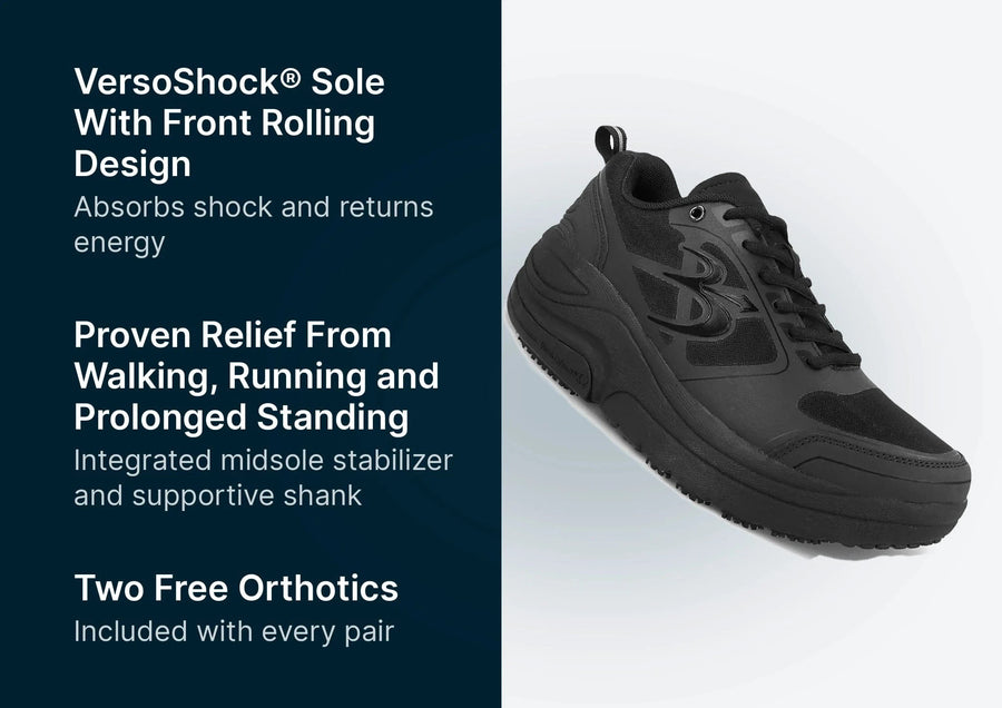 Black athletic shoe with mesh and synthetic upper, thick VersoShock sole, and brand logo, next to text detailing product bene