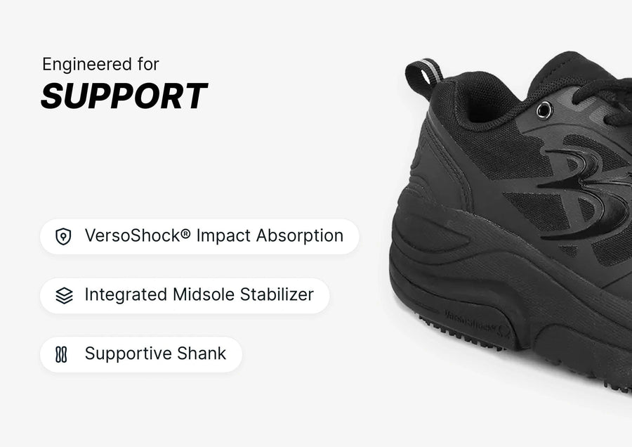 Black athletic shoe with a thick, supportive sole, featuring VersoShock® impact absorption technology.