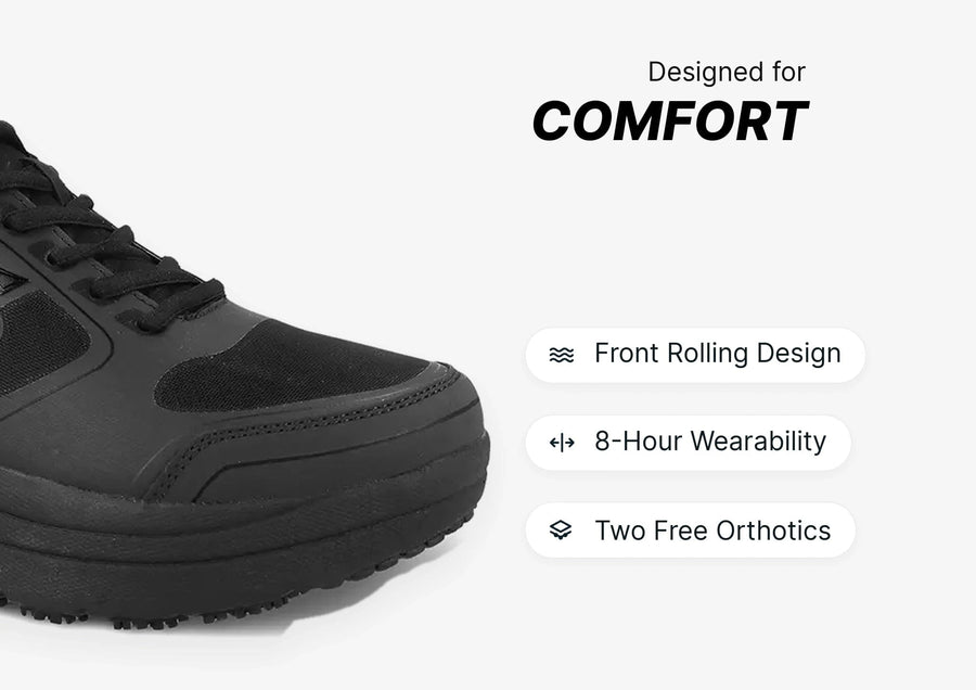 Black comfort shoe with a front rolling design, highlighting 8-hour wearability and included orthotics.