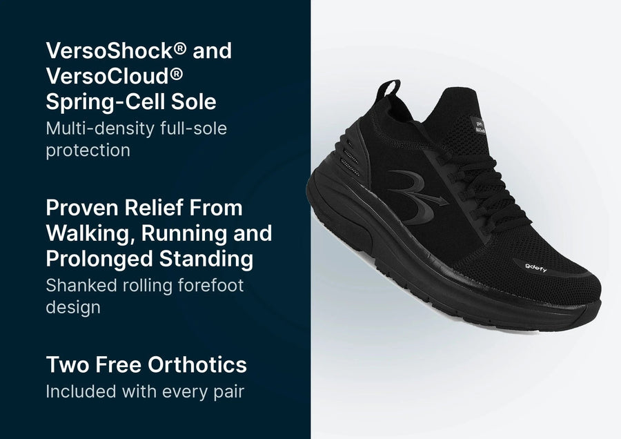 Black athletic shoe with mesh upper and thick sole, angled to show the side profile and cushioned design.