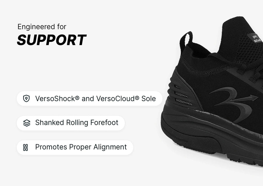 Black athletic shoe, side profile, with text 'Engineered for SUPPORT' and features like VersoShock and VersoCloud Sole.