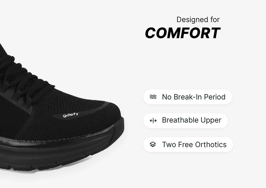 Black gdefy athletic shoe with breathable mesh upper, highlighting comfort features like no break-in period.