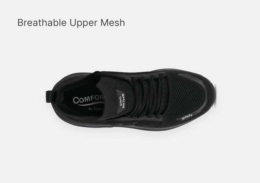 Black gdefy athletic shoe with breathable upper mesh, viewed from above, revealing the 'COMFORT' insole.