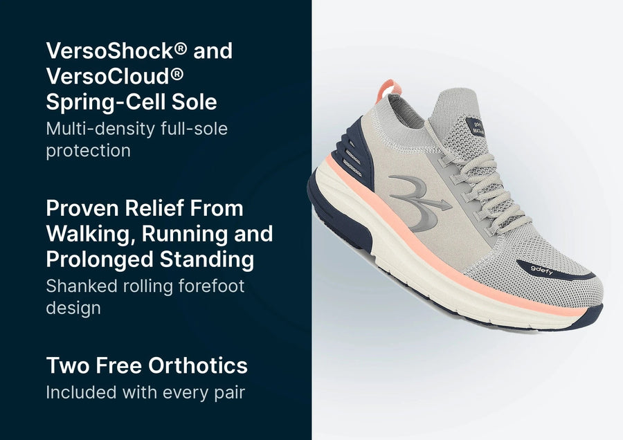 Light grey athletic sneaker featuring a mesh upper, chunky white sole, dark blue heel, and light peach accent stripe.